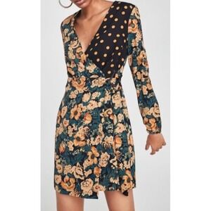 Zara Basic NWT Wrap Dress Small Floral Polka Dot Long Sleeve Mixed Print Autumn
